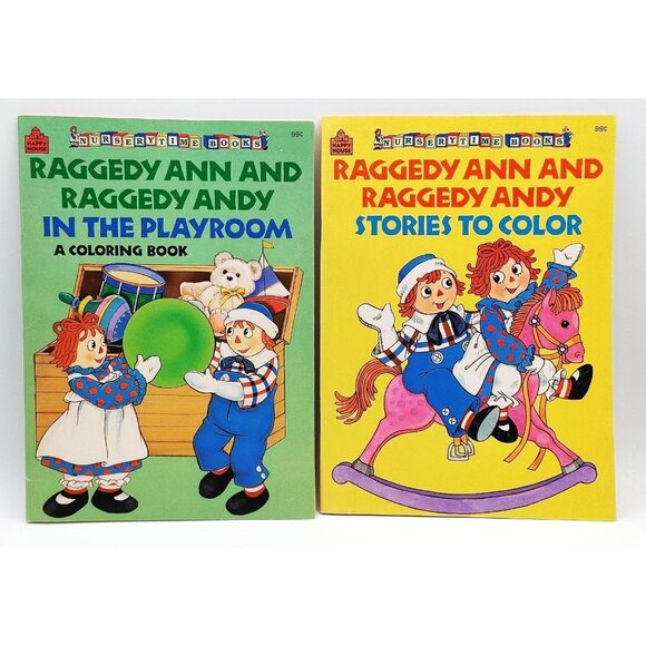 VTG 2 RAGGEDY ANN & ANDY COLORING BOOKS DOLL STORIES COLOR NOS HAPPY HOUSE USA - Picture 1 of 6